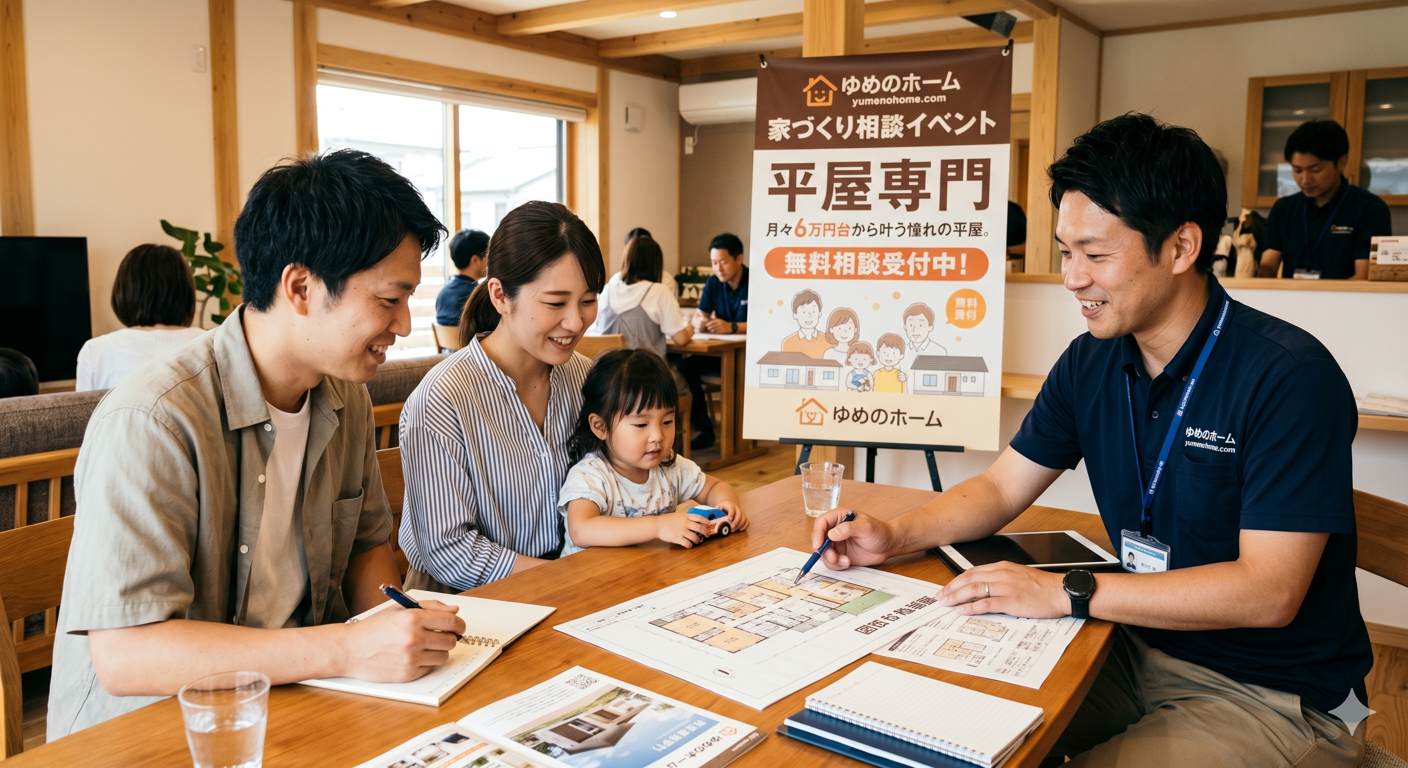 テーブルを挟んでゆめのホームのスタッフが夫婦に間取り図を見せながら熱心に相談に乗っている相談会の様子、背景にイベントバナー