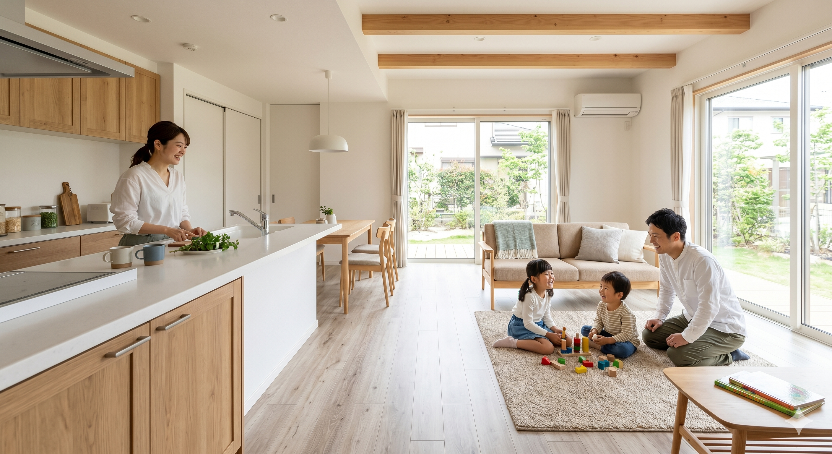 明るい木目調の内装で笑顔の家族（夫婦と子供2人）が過ごす、キッチンからリビングを見渡せる広々としたLDKの様子