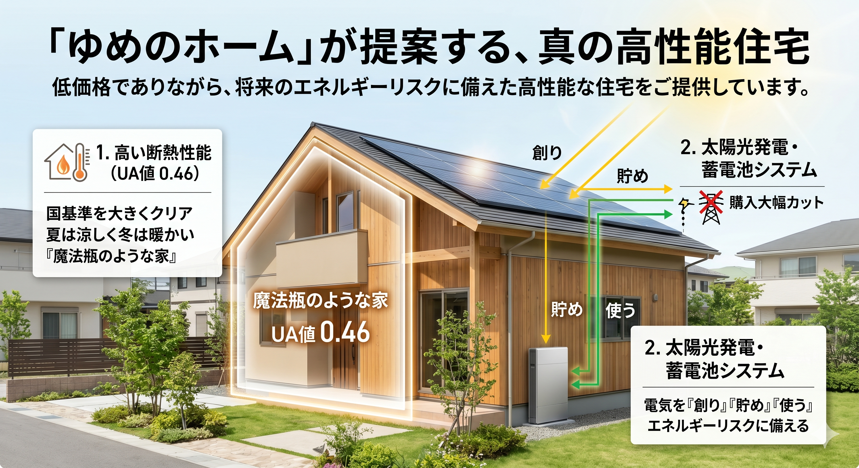 太陽光パネルを搭載した高断熱なゆめのホームの家